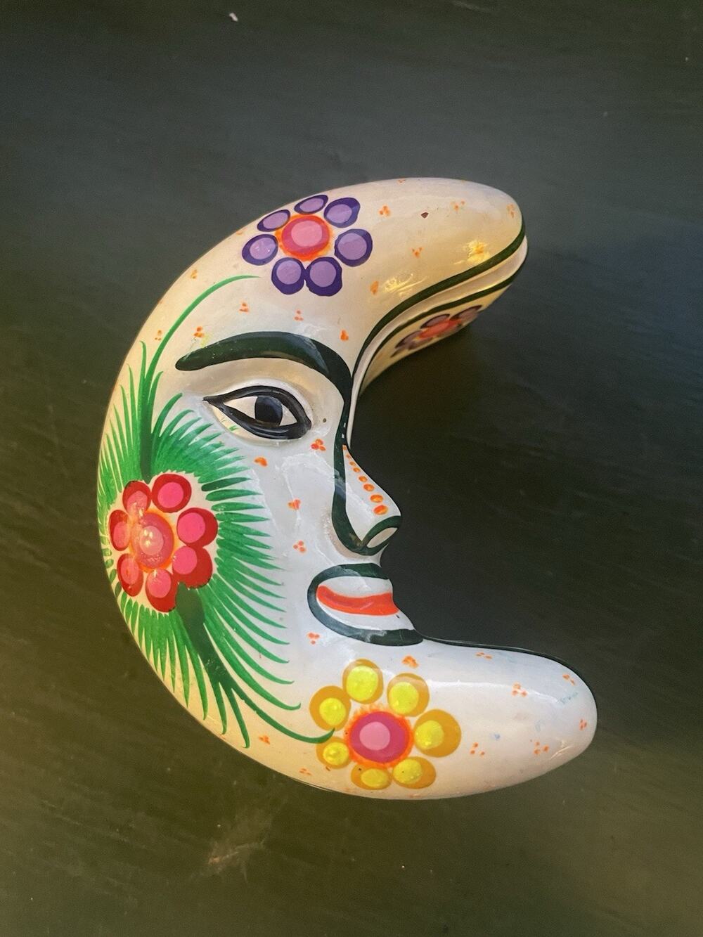 Talavera Mexican Clay Pottery Crescent Moon Trinket Box Colorful Floral